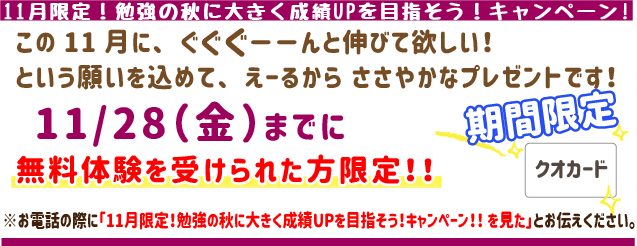 11月限定!勉強の秋に大きく成績UPを目指そうキャンペーン!
この11月にぐぐぐーんと伸びてほしい!
という願いを込めてえーるからささやかなプレゼントです!
11月28日(金)までに無料体験を受けられた方限定!
※お電話の際に「11月限定!勉強の秋に大きく成績UPを目指そうキャンペーン!を見た」とお伝えください。