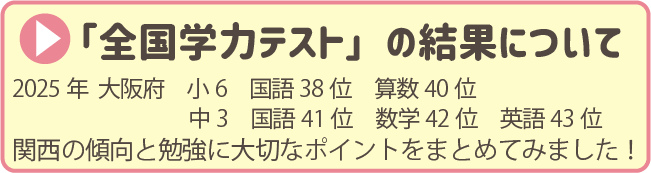 「全国学力テスト」の結果について　　2025年  大阪府　小6　国語38位　算数40位  中3　国語41位　数学42位　英語43位
関西の傾向と勉強に大切なポイントをまとめてみました！