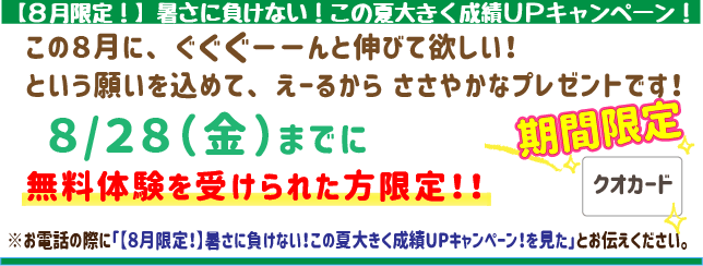 【8月限定！】暑さに負けない！この夏大きく成績UPキャンペーン！
この8月にぐぐぐーんと伸びてほしい！
という願いを込めてえーるからささやかなプレゼントです！
8月28日(金)までに無料体験を受けられた方限定！
※お電話の際に「【8月限定！】暑さに負けない！この夏大きく成績UPキャンペーン！を見た」とお伝えください。
