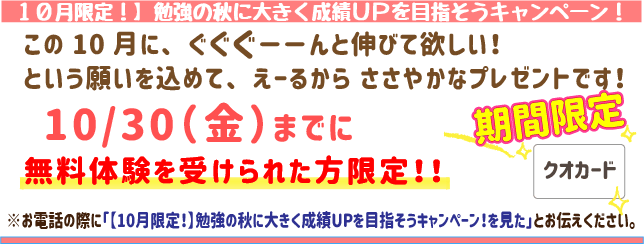 【10月限定！】勉強の秋に大きく成績UPを目指そうキャンペーン！
この10月にぐぐぐーんと伸びてほしい！
という願いを込めてえーるからささやかなプレゼントです！
10月30日(金)までに無料体験を受けられた方限定！
※お電話の際に「【10月限定！】残暑を吹き飛ばし、大きく成績UPキャンペーン！を見た」とお伝えください。